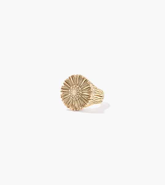 Découvrez la bague femme Hélianthus de la maison Aurélie Bidermann. Une création florale en plaqué or. Disponible chez Dumas Joaillier à Avignon.