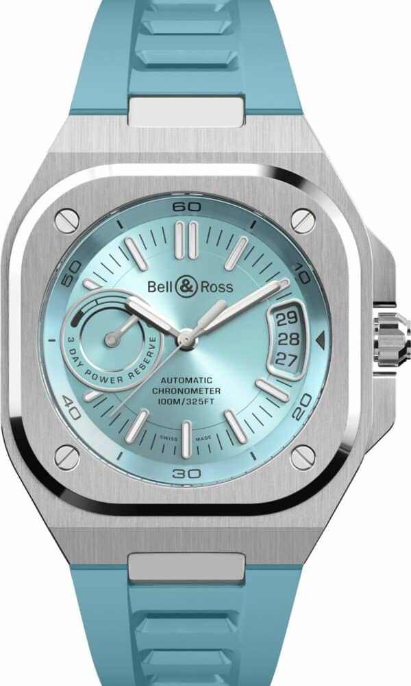 Succombez à la nouvelle collection de chez Bell&Ross BR X5. Ici dans sa version Ice blue et bracelet caoutchouc. Bijouterie Dumas à Avignon.