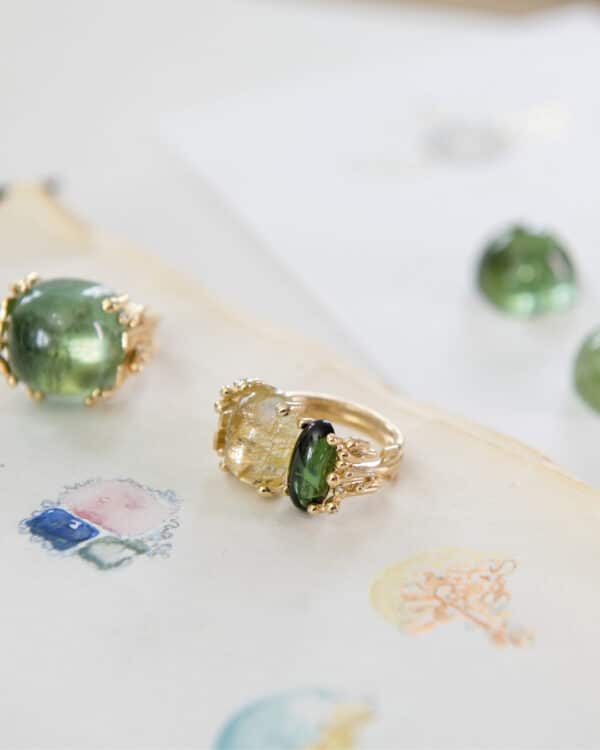 Bague Femme Double Boho Quartz Rutile, Tourmaline Verte et Diamants - Ole Lynggaard.