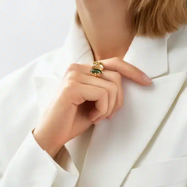 Bague Femme Double Boho Quartz Rutile, Tourmaline Verte et Diamants - Ole Lynggaard.