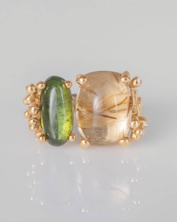 Bague Femme Double Boho Quartz Rutile, Tourmaline Verte et Diamants - Ole Lynggaard.