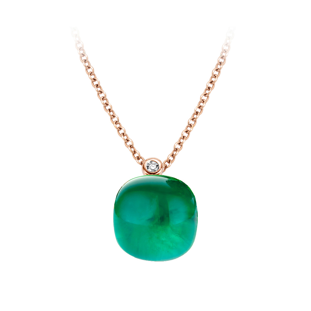 Pendentif en Or rose 18 carats avec Emeraude verte et Cristal de roche de la marque Bigli. La pierre d’émeraude verte est mise en valeur par le cristal de roche.