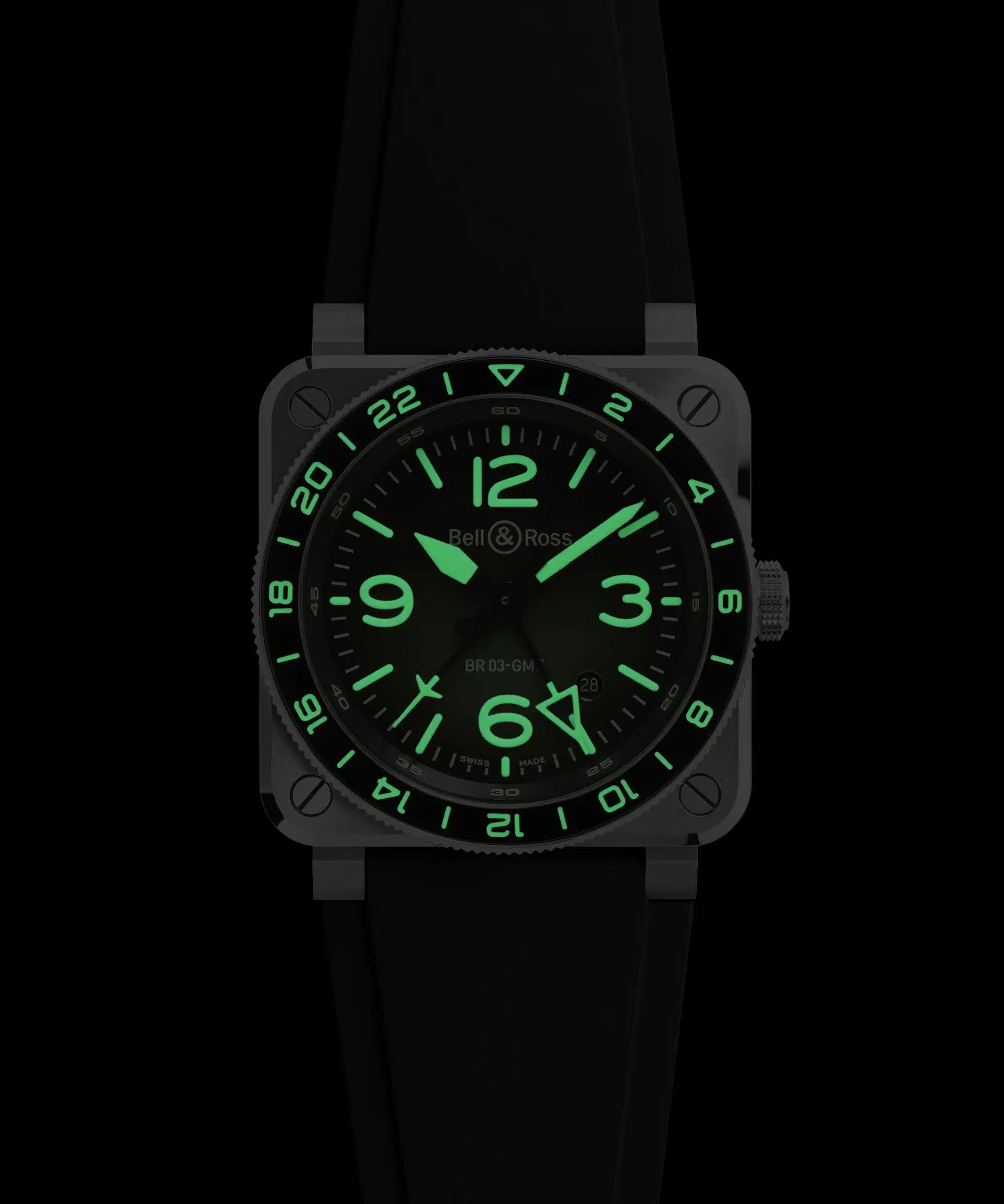 montre homme bell & ross br 03 gmt green lum cadran vert