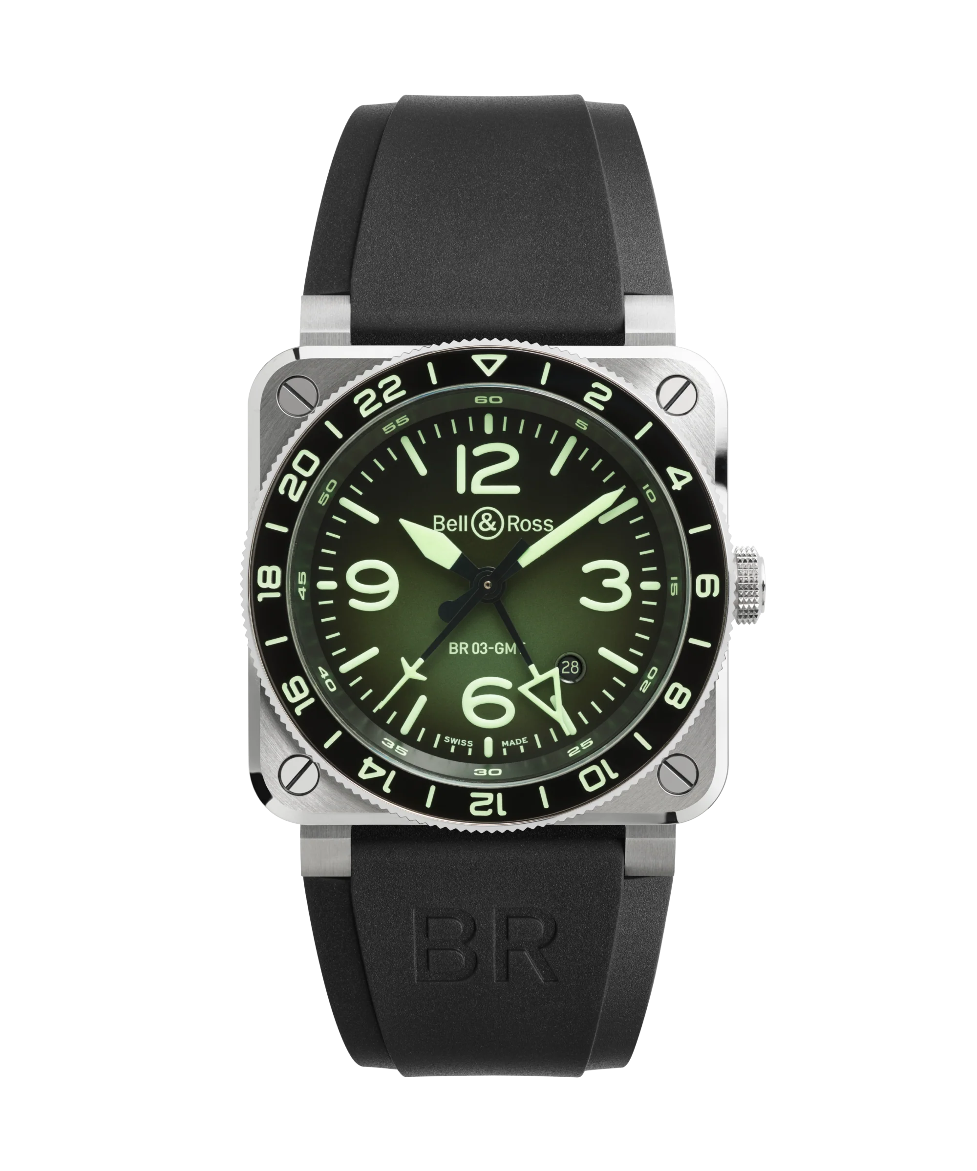 montre homme bell & ross br 03 gmt green lum cadran vert