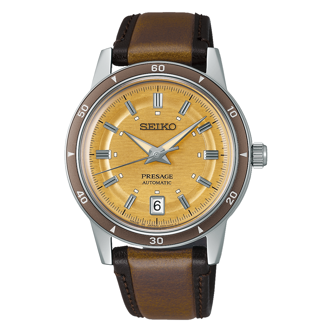 Presage Style 60's Champagne Bracelet Cuir Marron Seiko